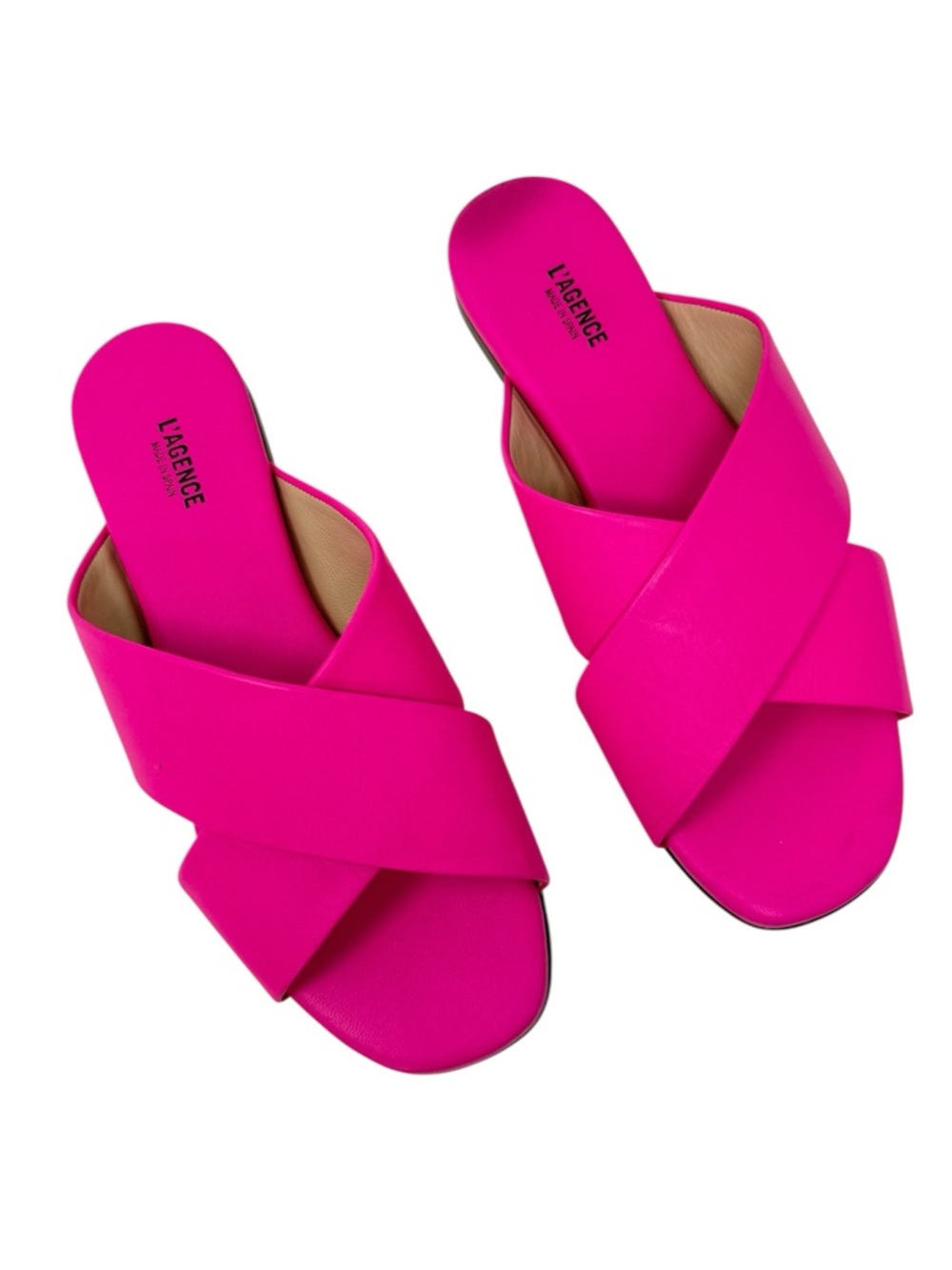 L’AGENCE Neon Pink Criss Cross Slide Sandals Summer Genuine Leather Size 7